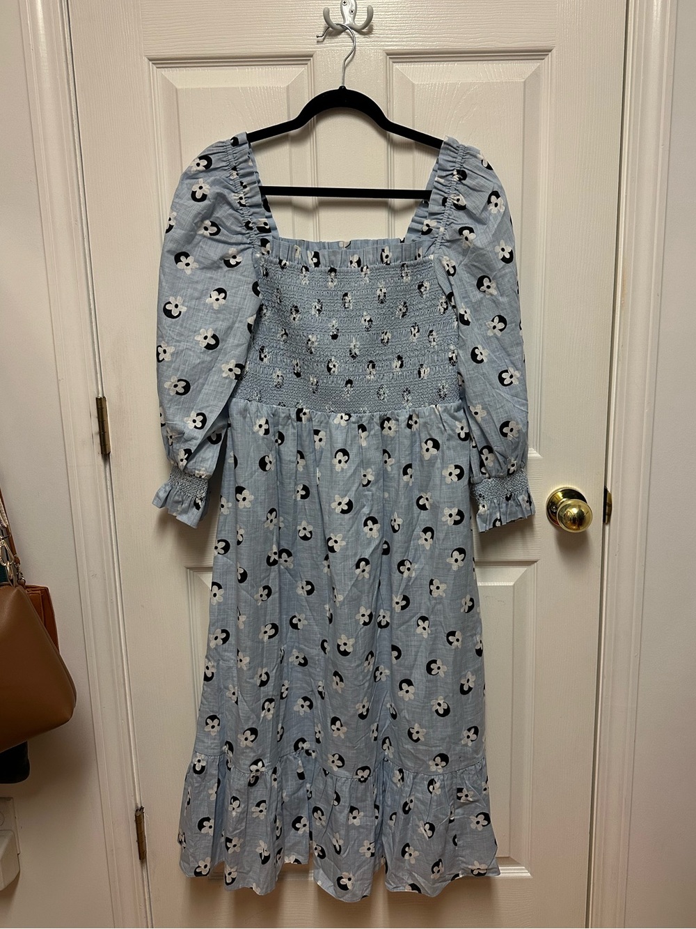 Kate Spade NWOT Blue Puff Sleeve Floral Dot Smocked Midi Dress Size L